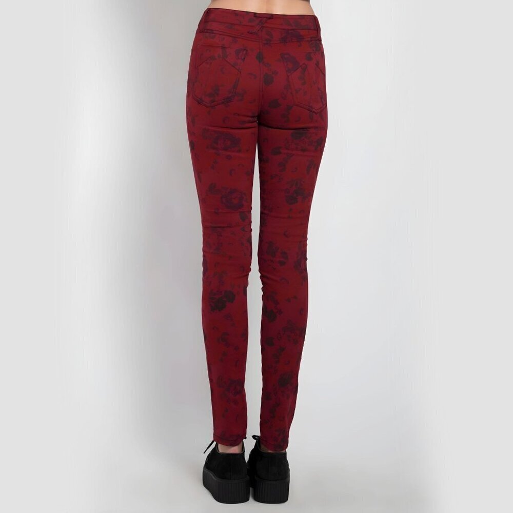 Tripp NYC ✦ Wine Red Skinny Jeans ✦ Black Floral Print High Waist Stretch 26 NWT - Picture 4 of 7